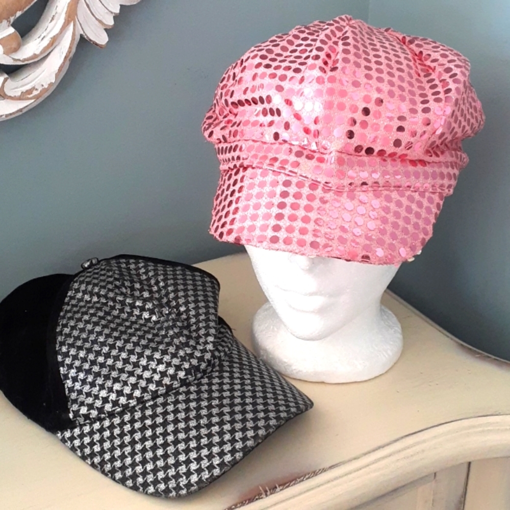 % Pair of sparkle sequin and velvet billed hats